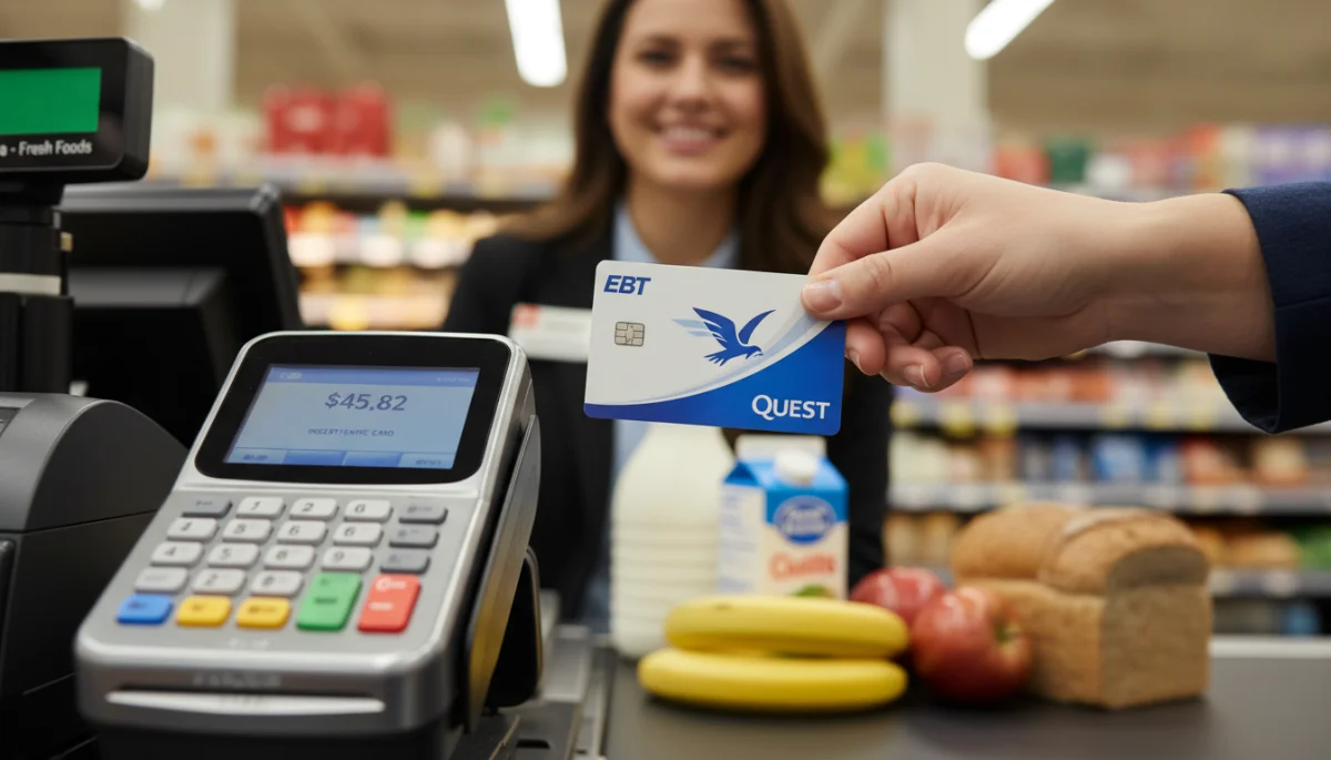 Hand holding an EBT card at a checkout counter.
