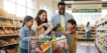 Family smiling while grocery shopping, symbolizing increased SNAP benefits.