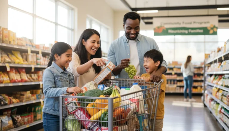 Family smiling while grocery shopping, symbolizing increased SNAP benefits.