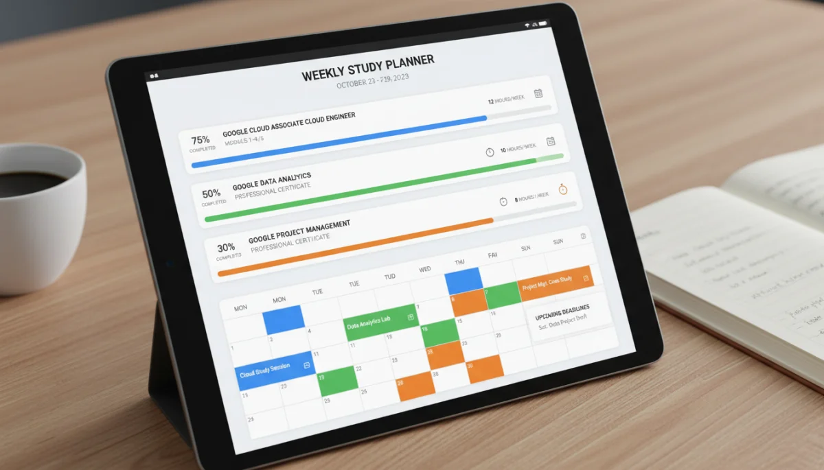 Weekly study planner for Google certifications progress tracking