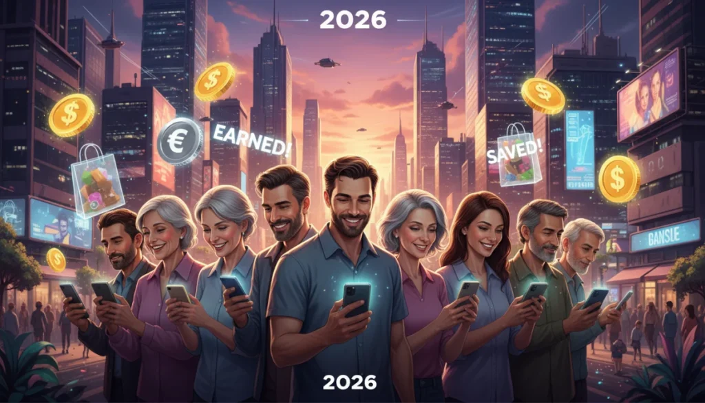 People happily using rewards apps on smartphones, earning money and saving, with a futuristic city background.