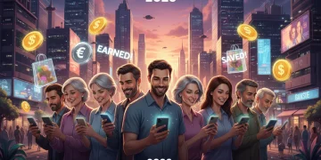 People happily using rewards apps on smartphones, earning money and saving, with a futuristic city background.