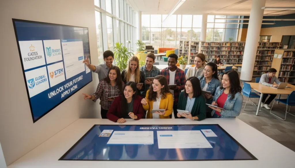 Students excitedly reviewing 2026 US scholarship opportunities on a large screen